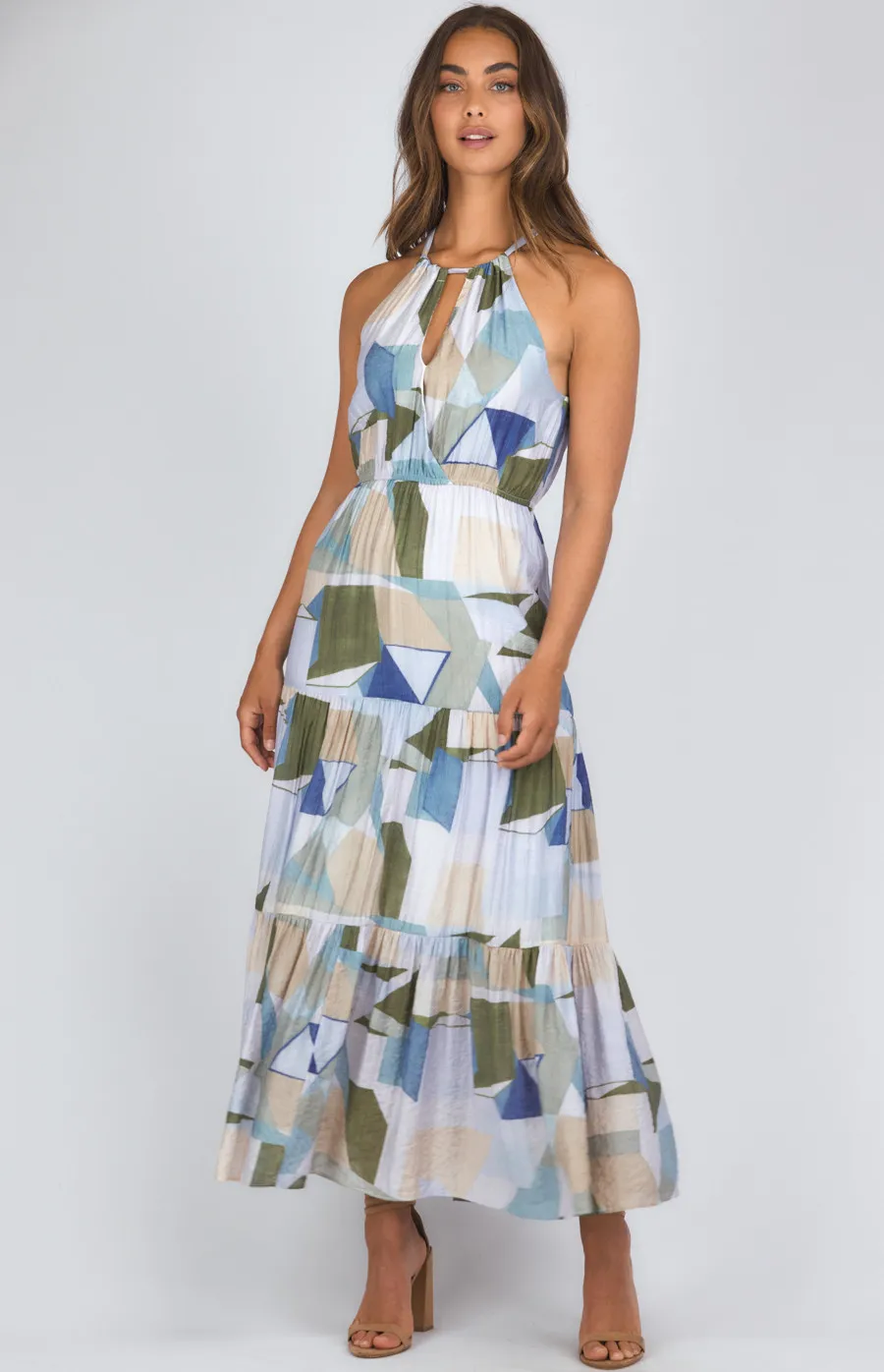 Abstract Printed Halter Neck Tiered Maxi Dress (SDR1134B)