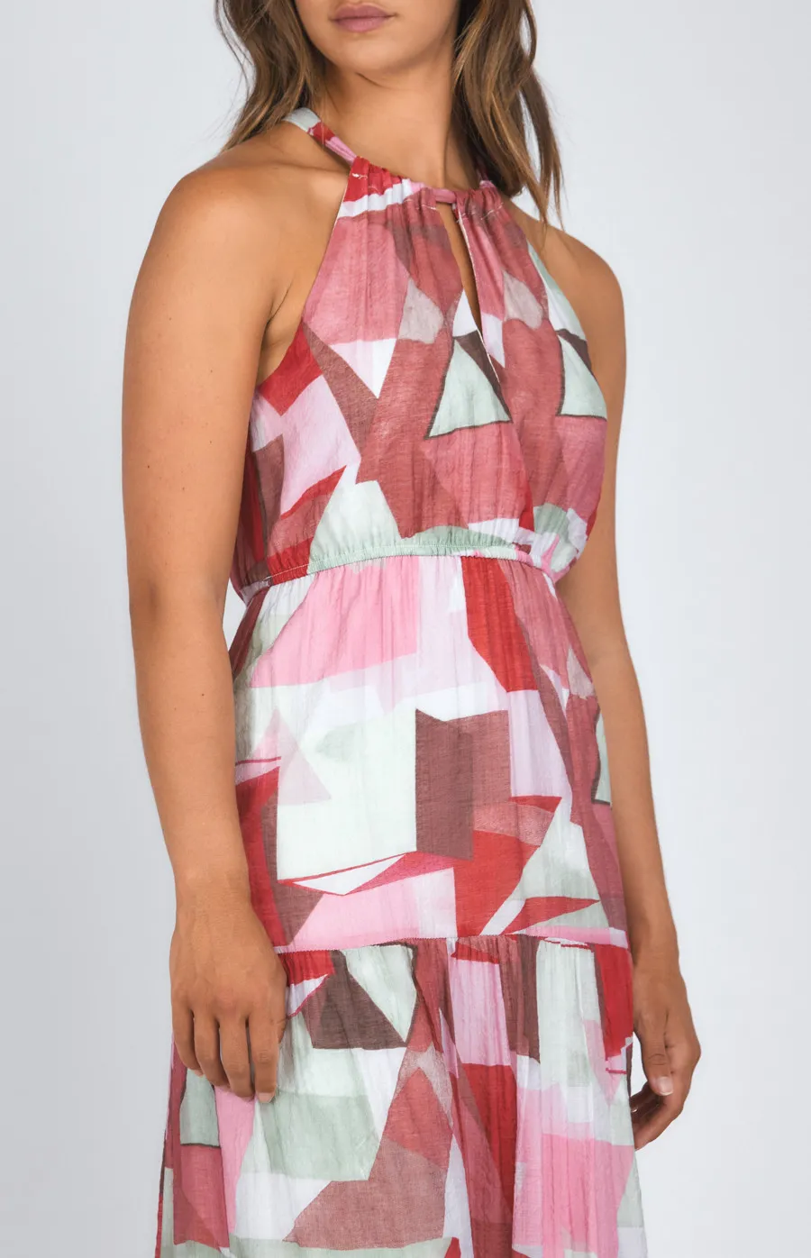 Abstract Printed Halter Neck Tiered Maxi Dress (SDR1134B)