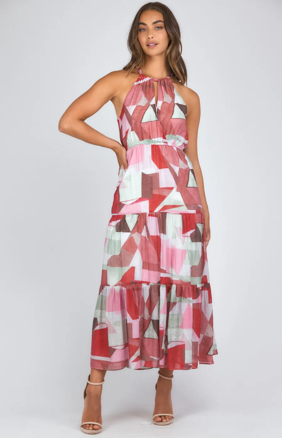 Abstract Printed Halter Neck Tiered Maxi Dress (SDR1134B)