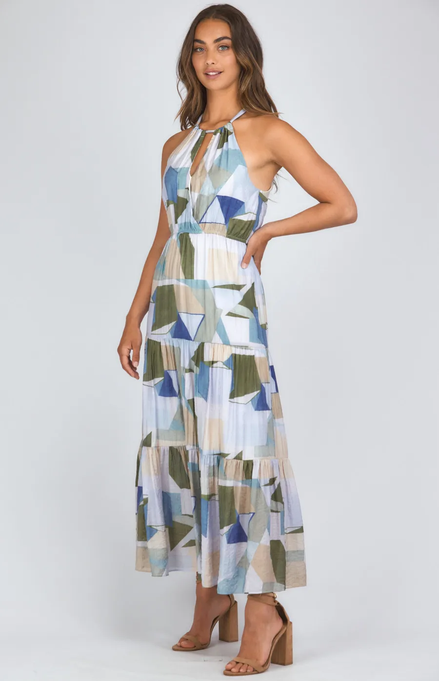 Abstract Printed Halter Neck Tiered Maxi Dress (SDR1134B)