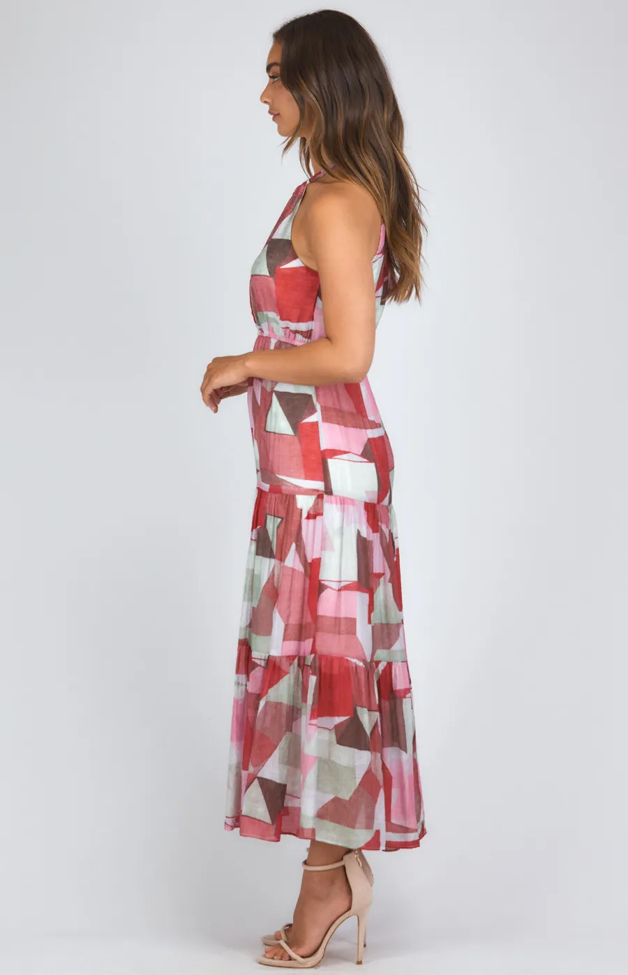 Abstract Printed Halter Neck Tiered Maxi Dress (SDR1134B)