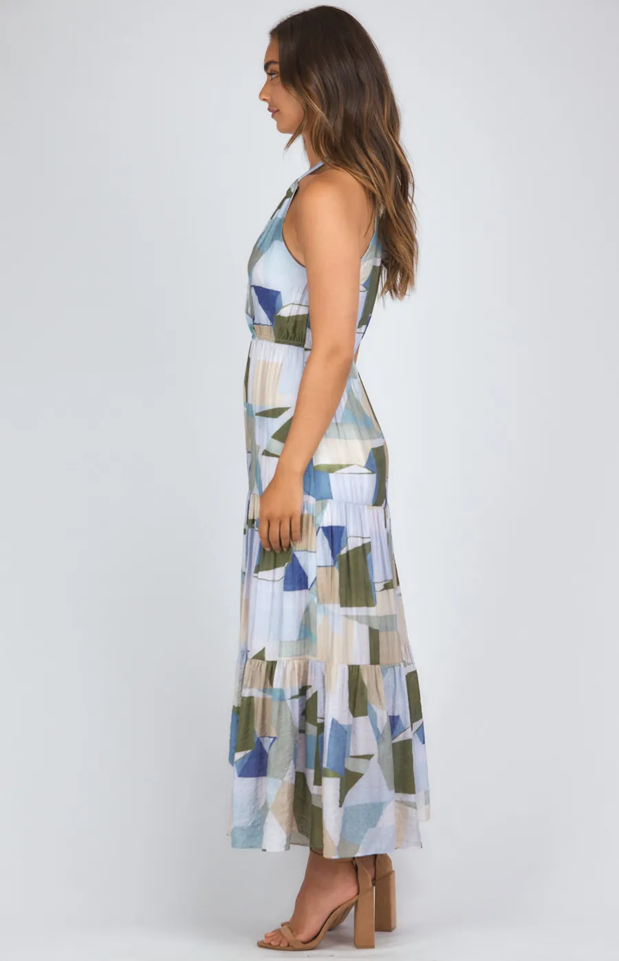 Abstract Printed Halter Neck Tiered Maxi Dress (SDR1134B)