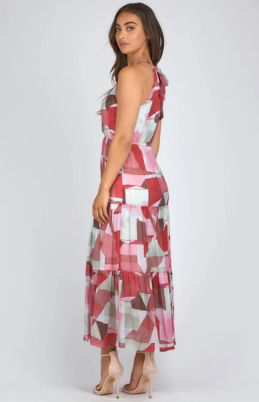 Abstract Printed Halter Neck Tiered Maxi Dress (SDR1134B)