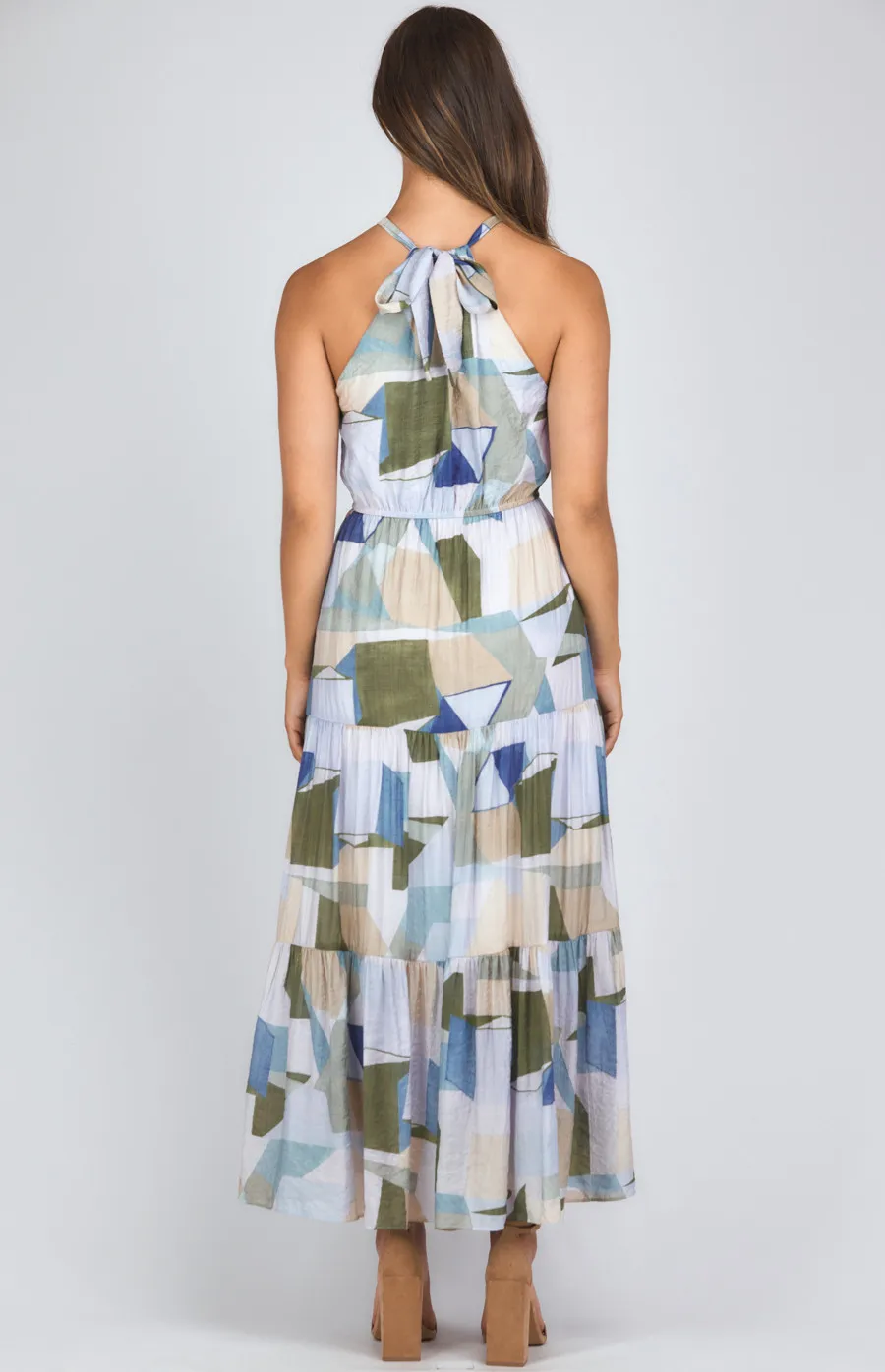 Abstract Printed Halter Neck Tiered Maxi Dress (SDR1134B)