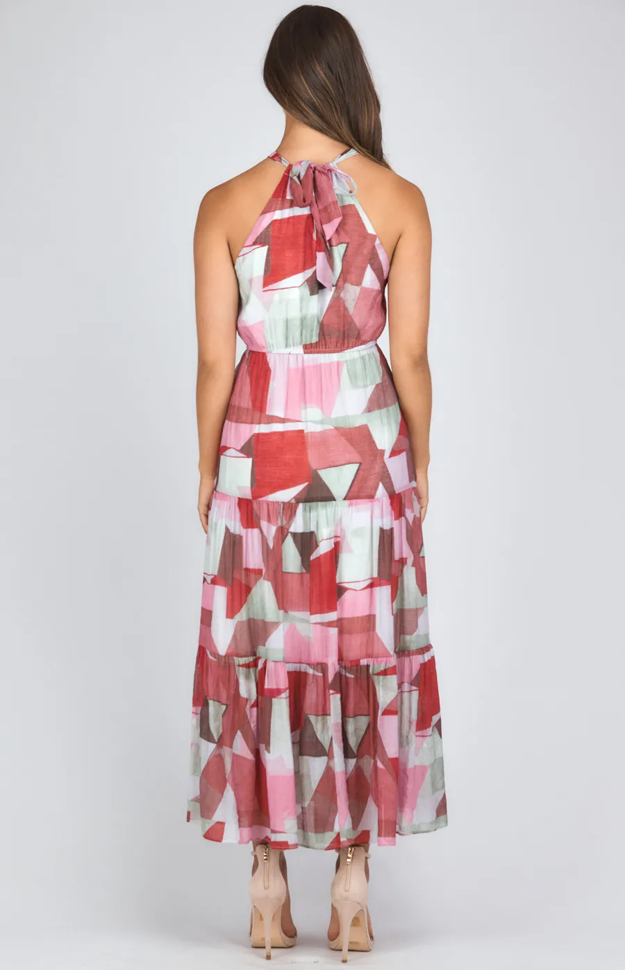 Abstract Printed Halter Neck Tiered Maxi Dress (SDR1134B)