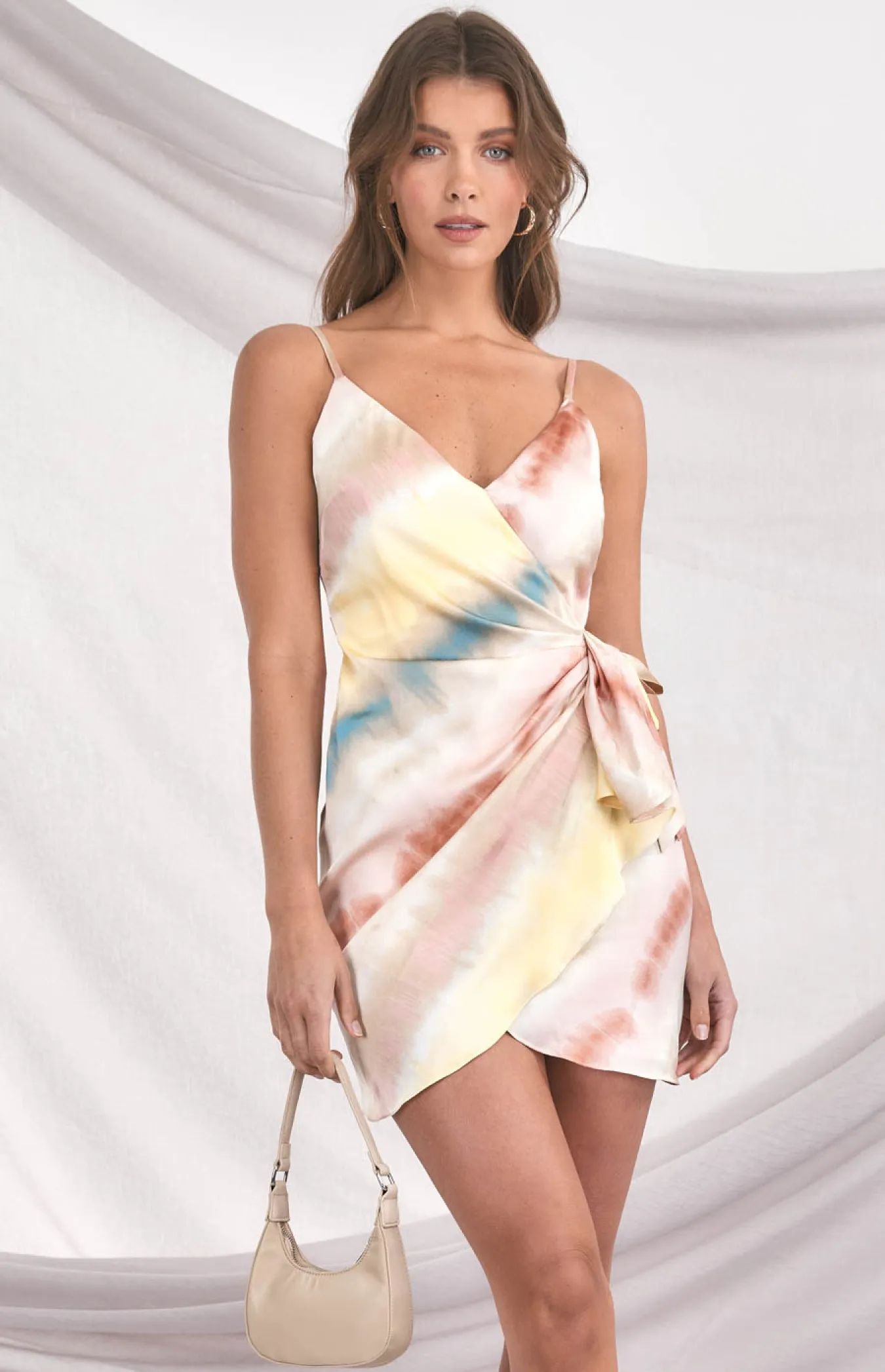 Abstract Printed Satin Wrap Front Mini Dress (SDR1137A)