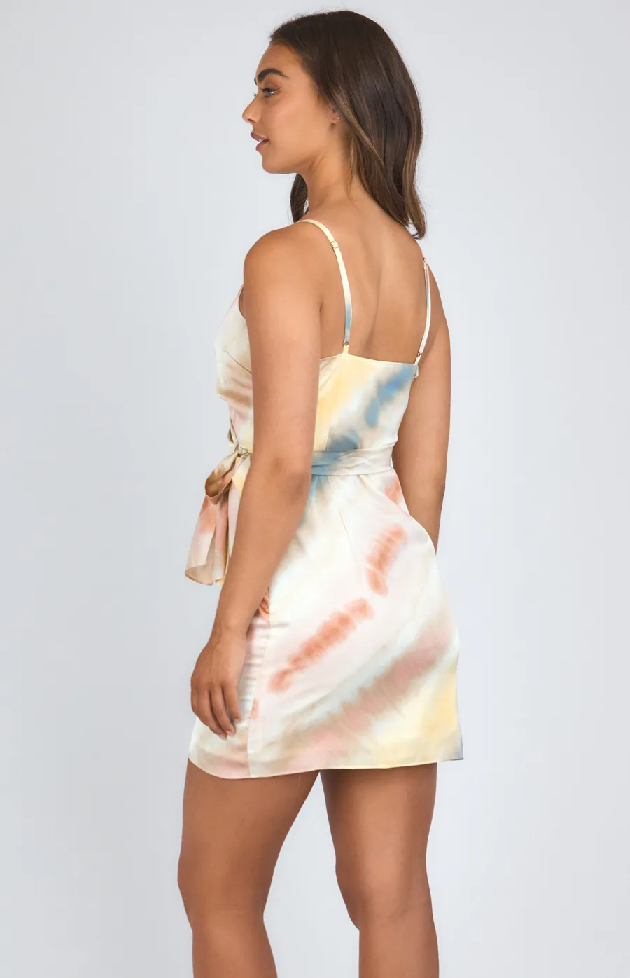 Abstract Printed Satin Wrap Front Mini Dress (SDR1137A)