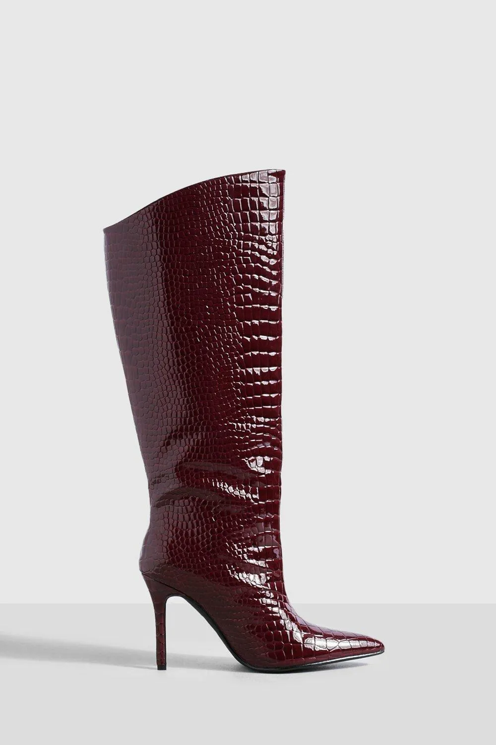 Asymmetric Croc Mid Height Stiletto Knee High Boots