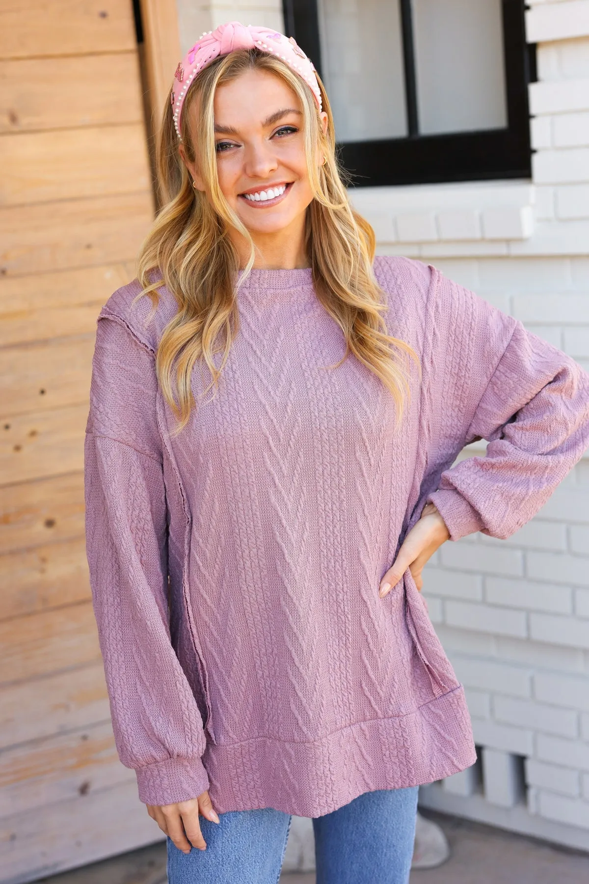 Back To Basics Mauve Jacquard Cable Pullover Top