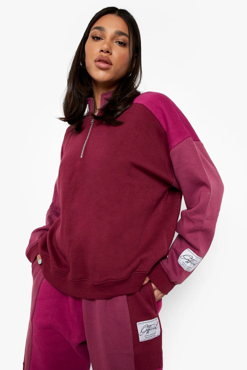 Berry Color Block Half Zip Oversized Sweater