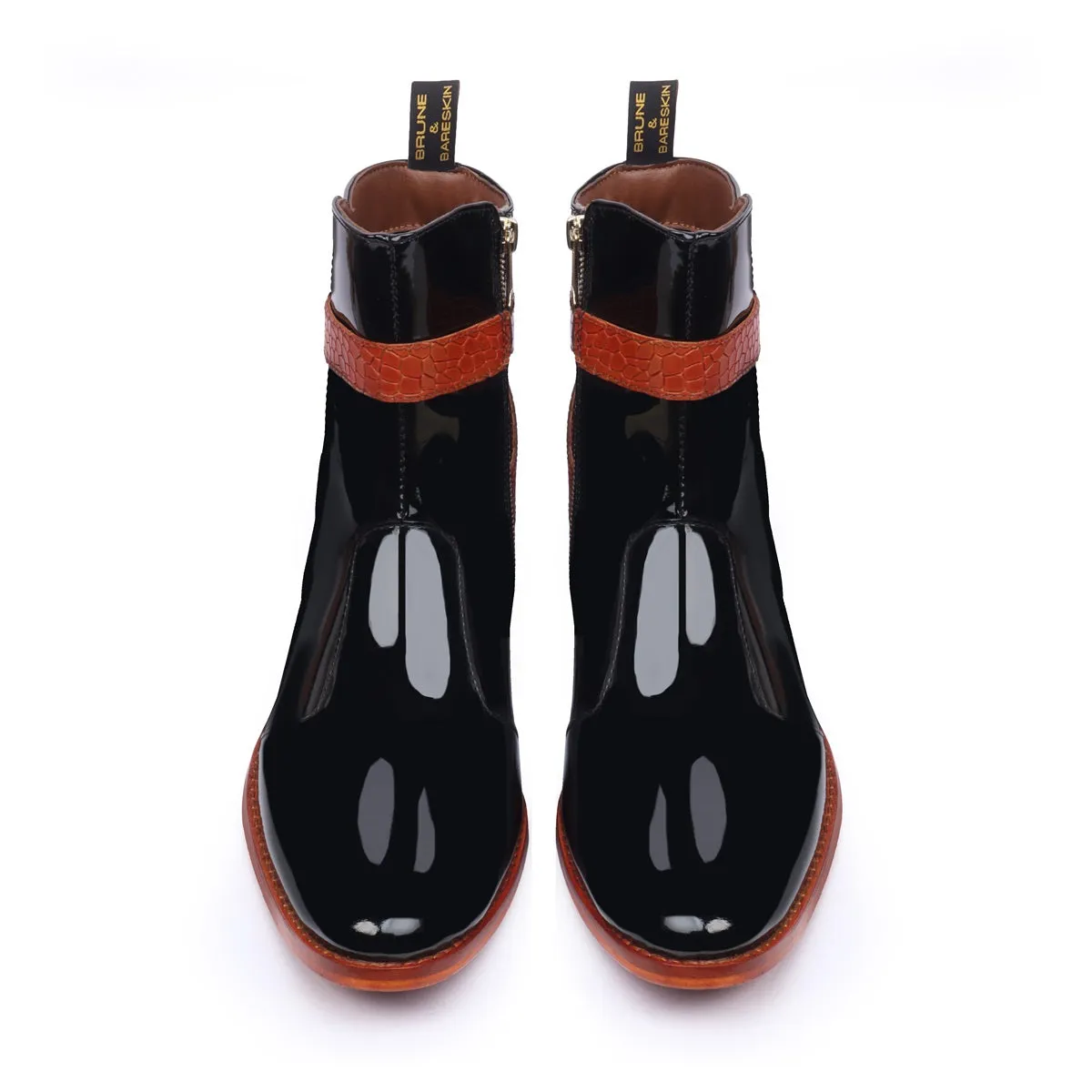 Black Patent Jodhpur Riding Boots with Tan Croco Leather Wrapped Strap Boots by Brune & Bareskin