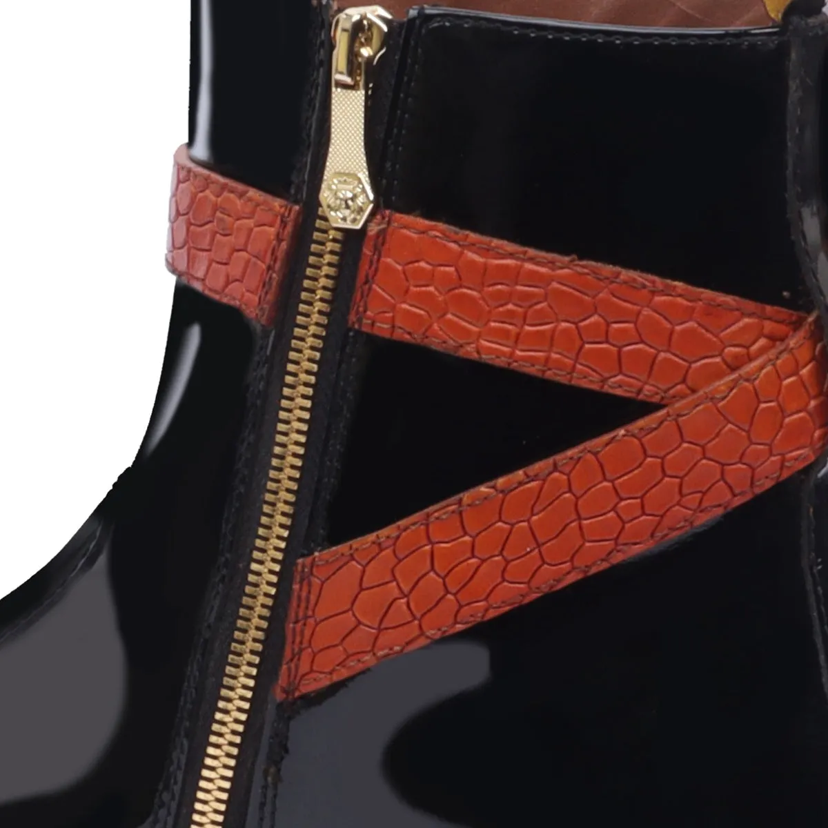 Black Patent Jodhpur Riding Boots with Tan Croco Leather Wrapped Strap Boots by Brune & Bareskin