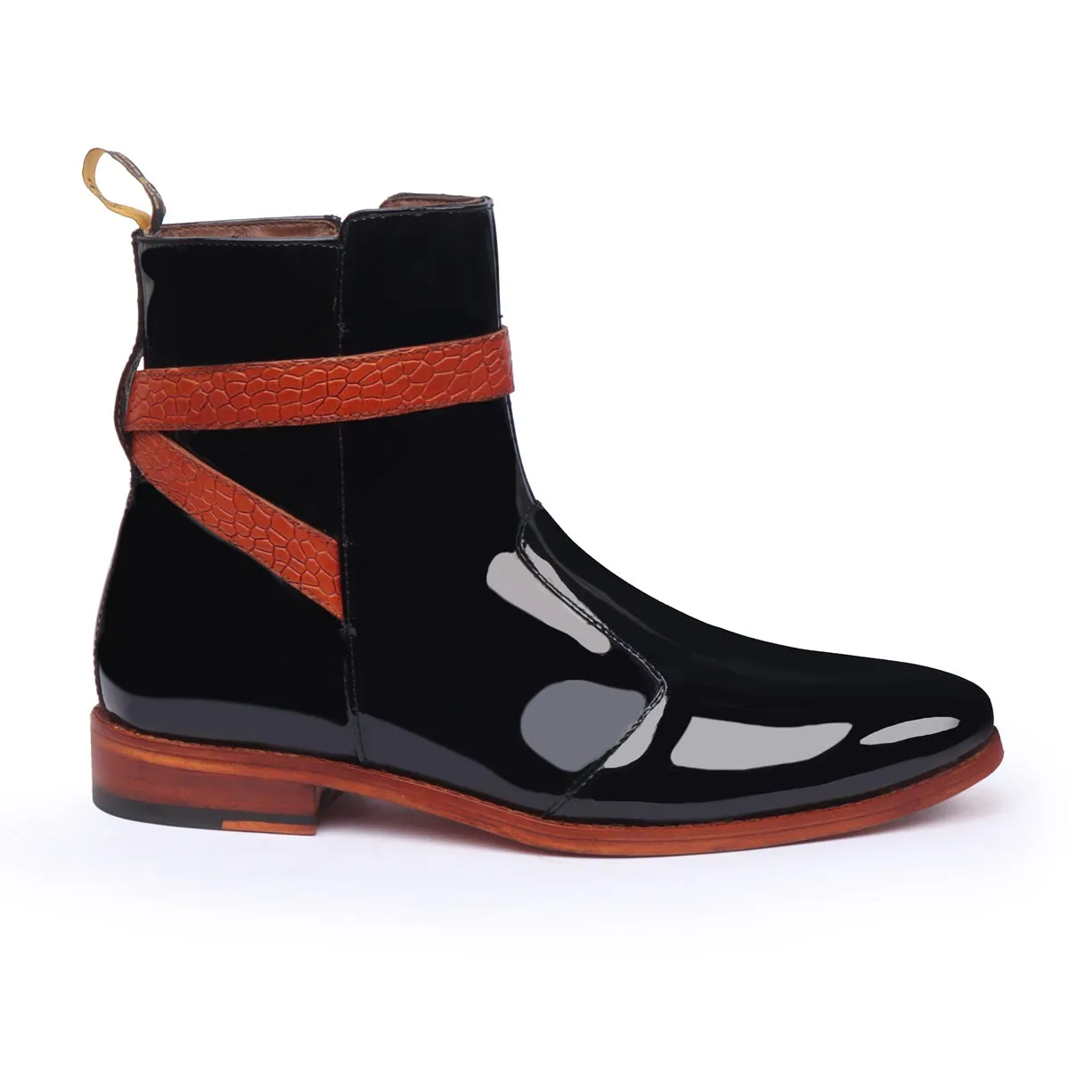 Black Patent Jodhpur Riding Boots with Tan Croco Leather Wrapped Strap Boots by Brune & Bareskin