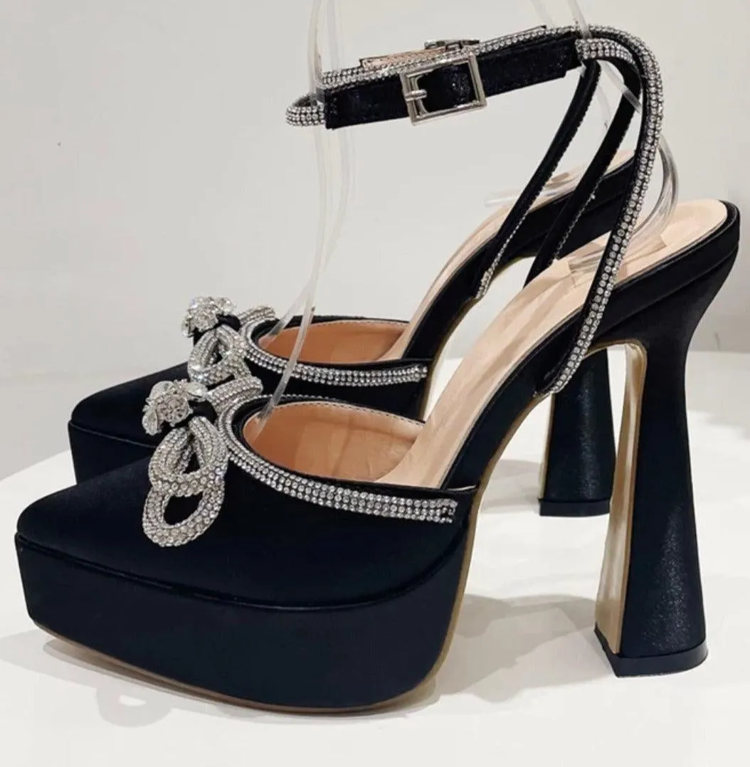 Black Satin Double Bow Platform Heels