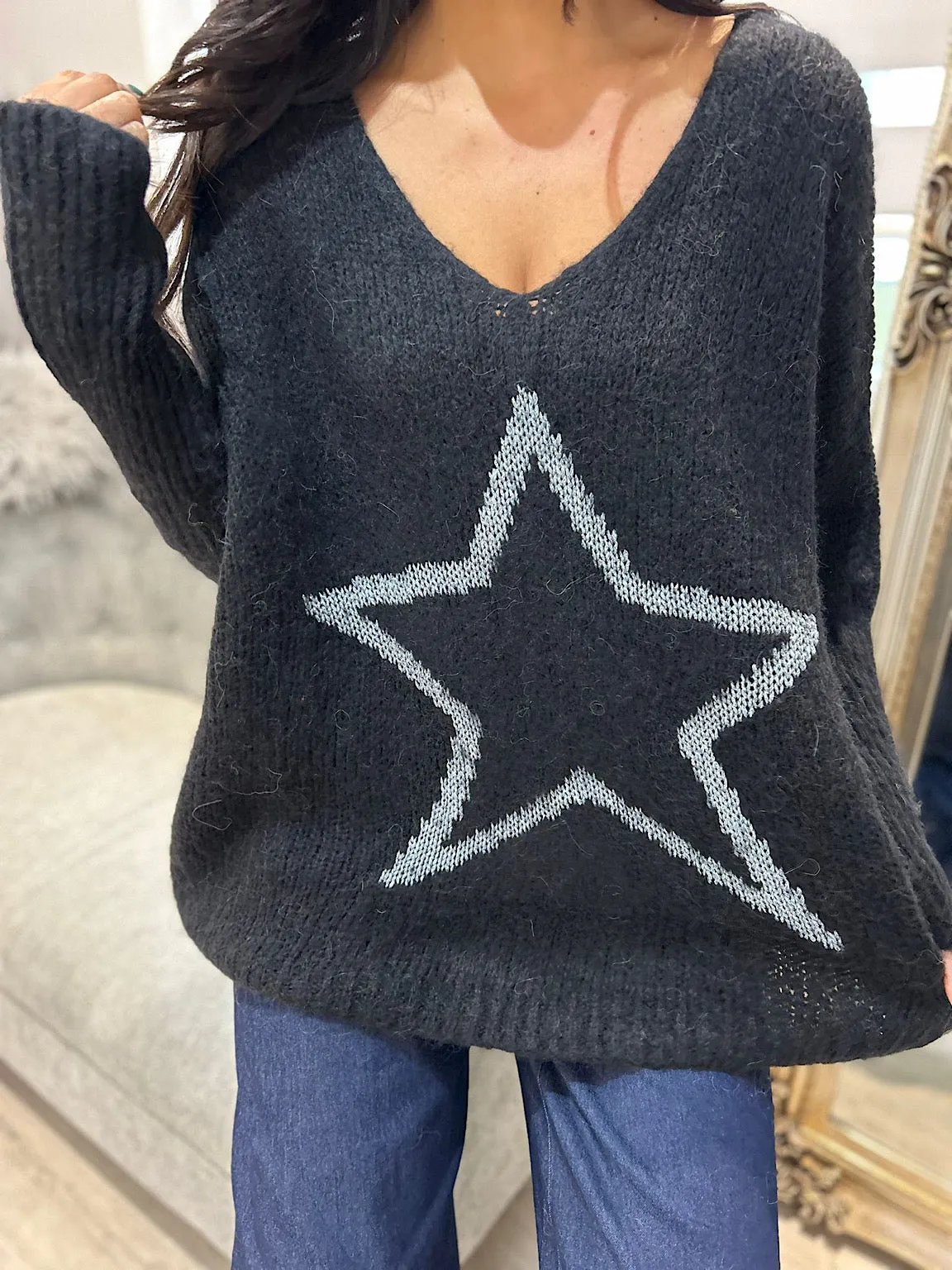 Black V Neck Shimmer Star Knit Fiona