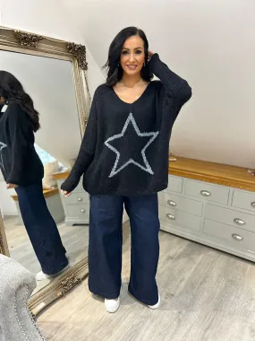 Black V Neck Shimmer Star Knit Fiona