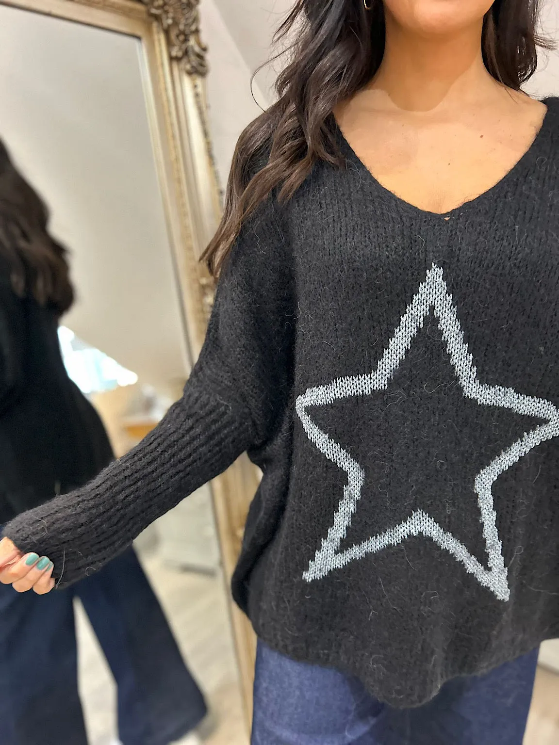 Black V Neck Shimmer Star Knit Fiona