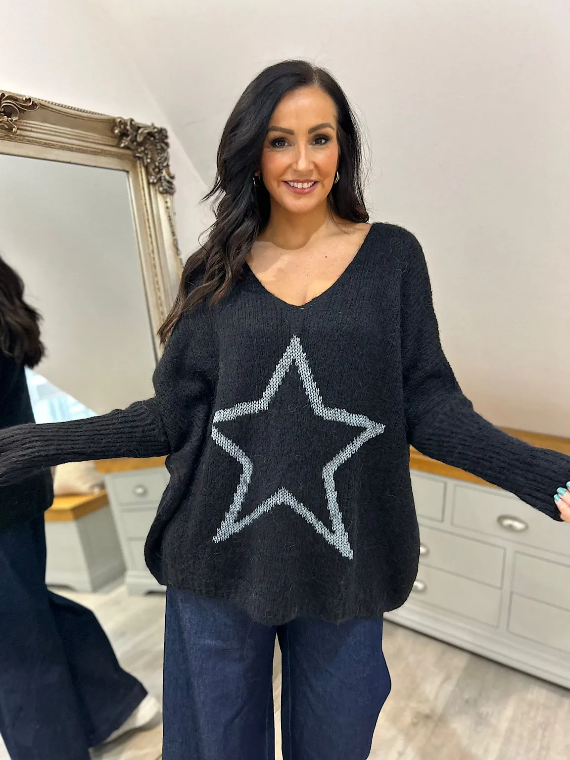 Black V Neck Shimmer Star Knit Fiona