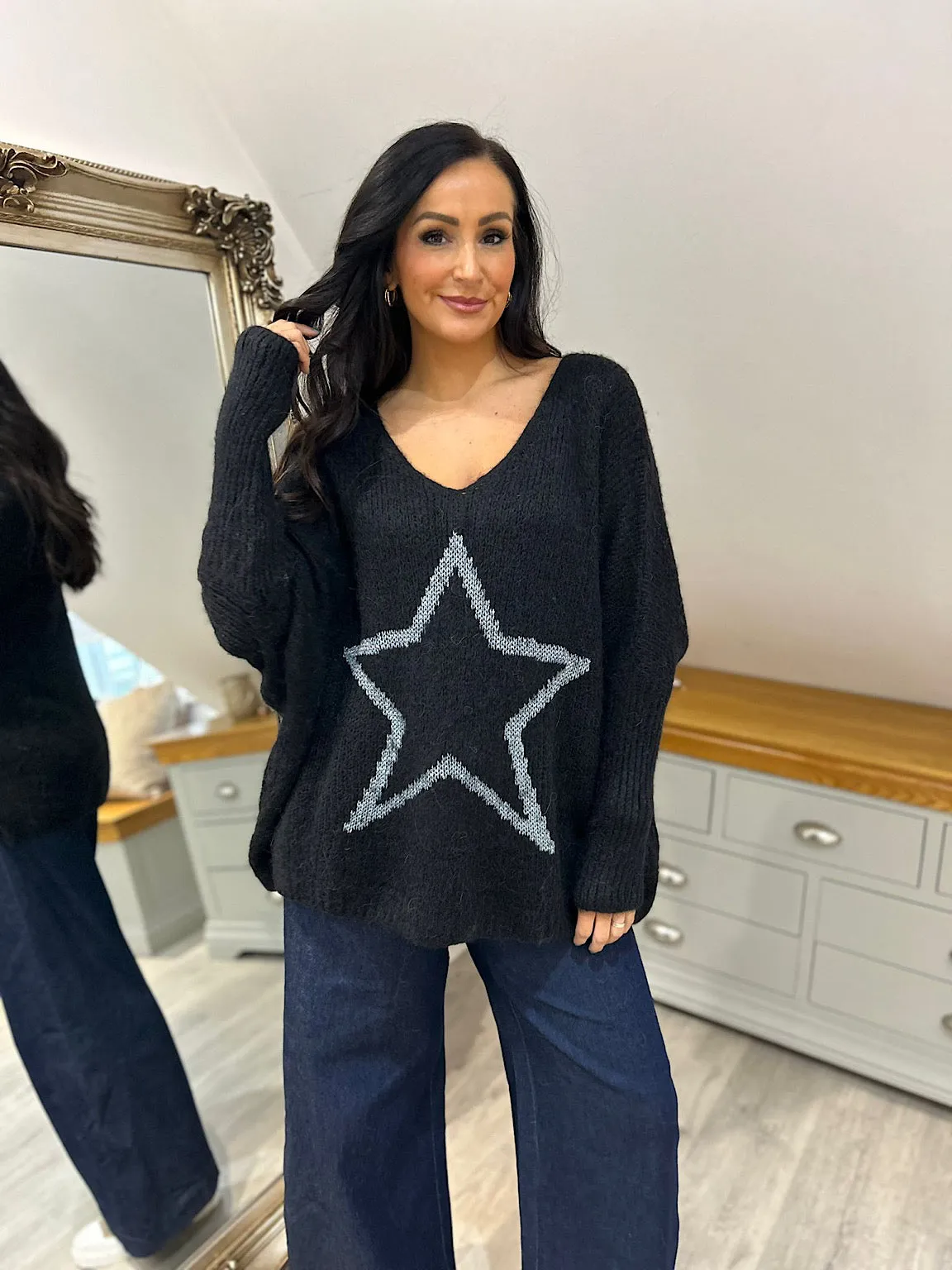 Black V Neck Shimmer Star Knit Fiona