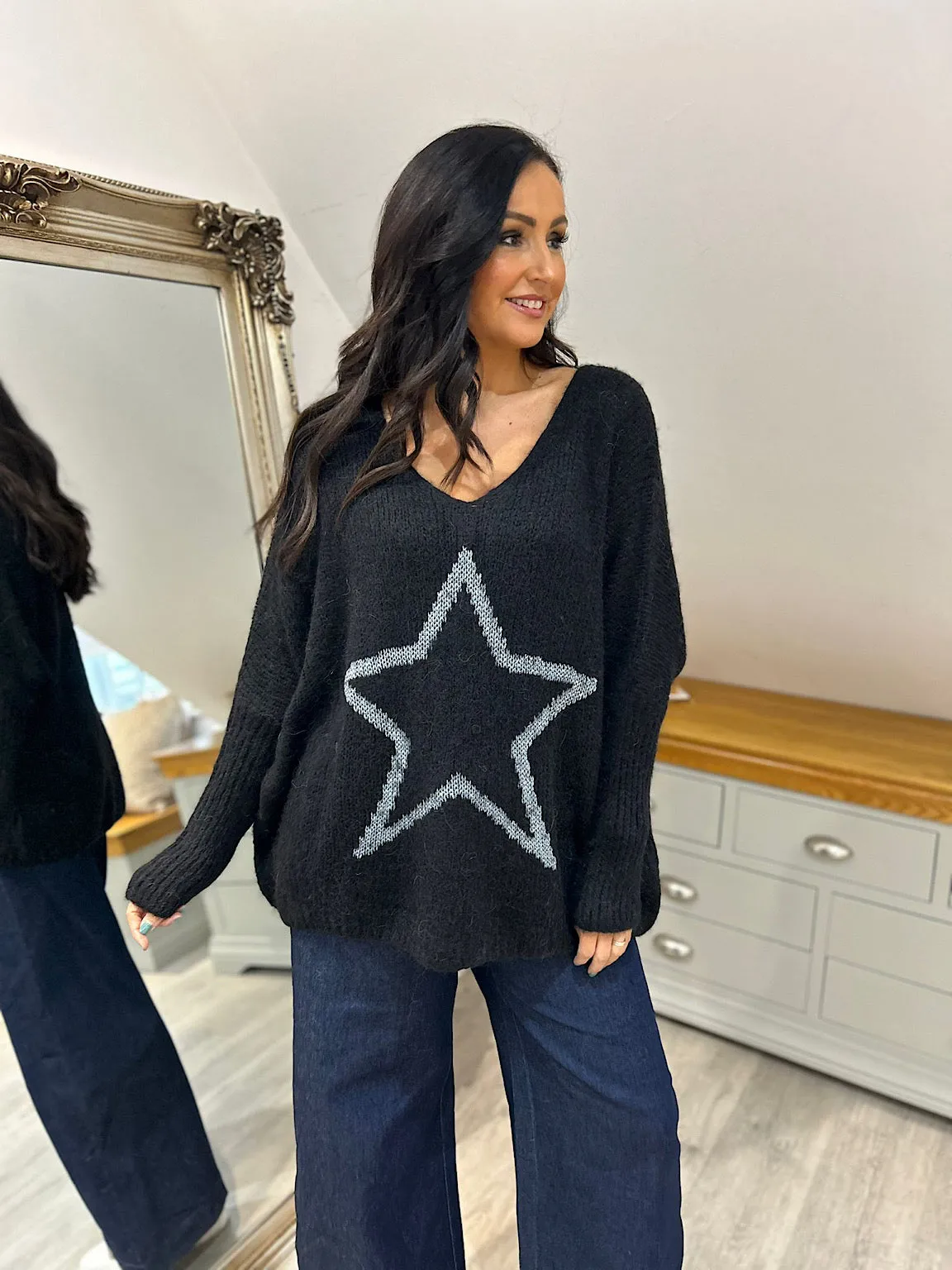 Black V Neck Shimmer Star Knit Fiona