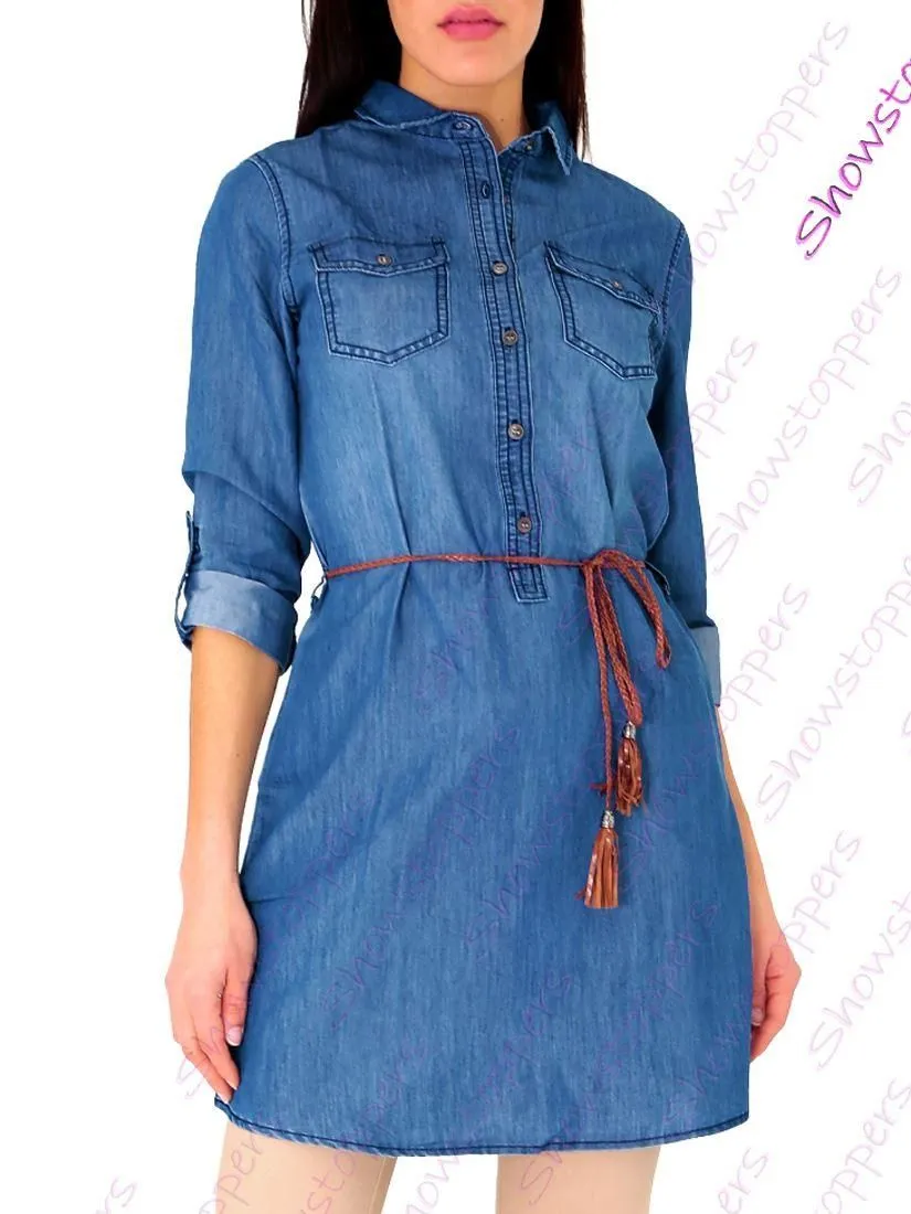 Blue Casual Cotton Denim Dress 