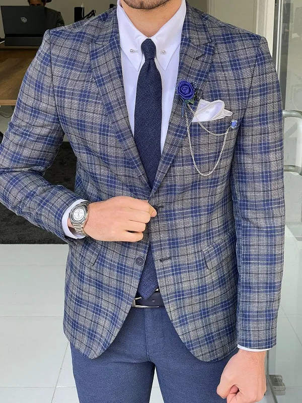 Bojo Blue Slim Fit Peak Lapel Plaid Linen Blazer