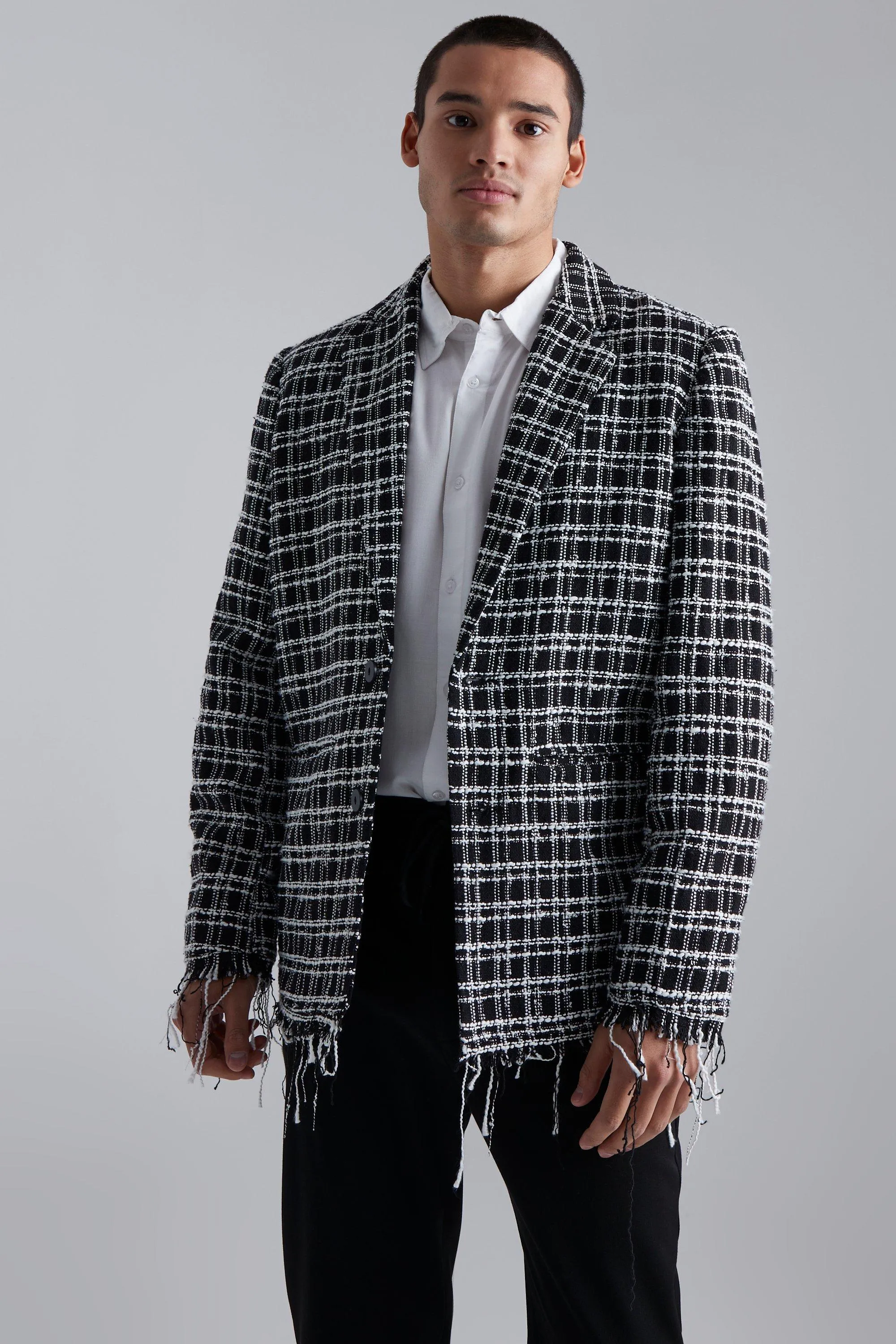 Boucle Check Distressed Blazer