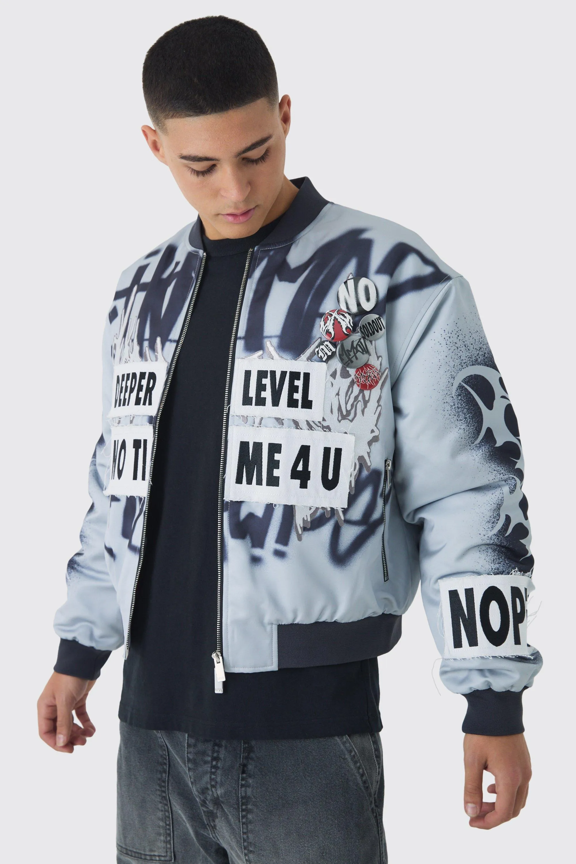 Boxy Graffiti Print Bomber Jacket In Grey