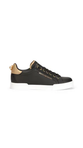 Calfskin Nappa Portofino Sneakers With Lettering - Black/gold