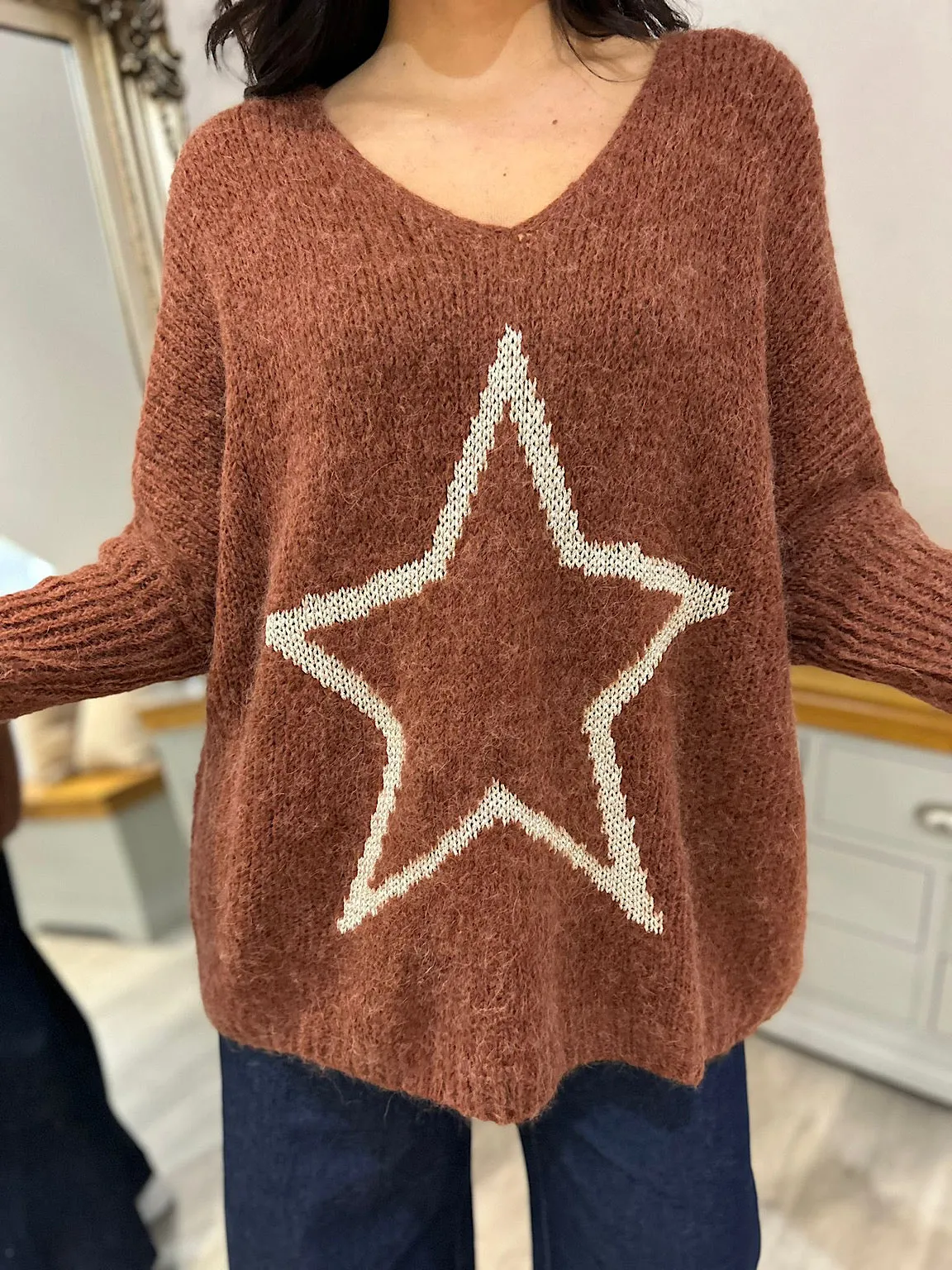 Chestnut V Neck Shimmer Star Knit Fiona