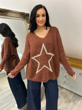 Chestnut V Neck Shimmer Star Knit Fiona