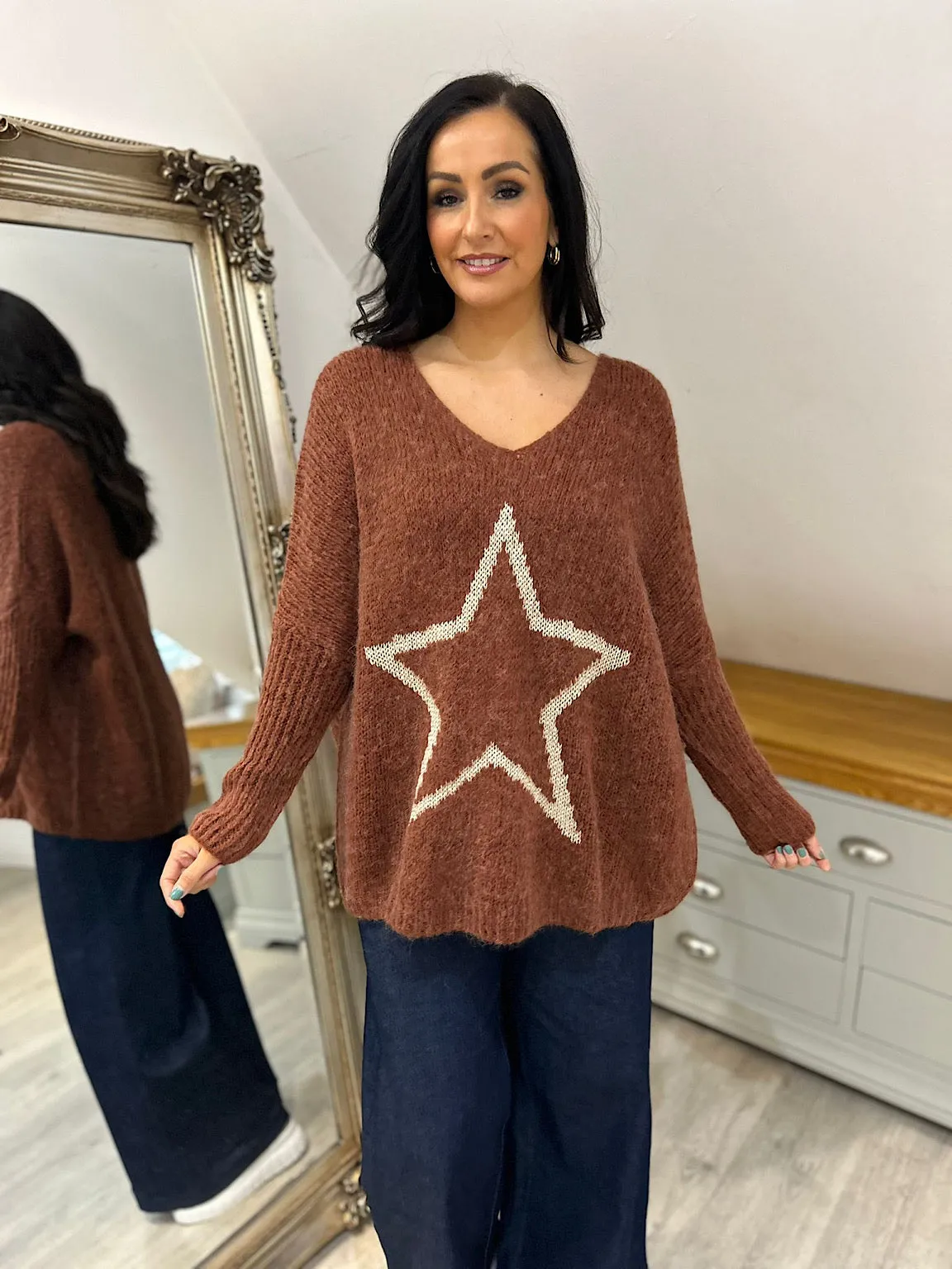 Chestnut V Neck Shimmer Star Knit Fiona