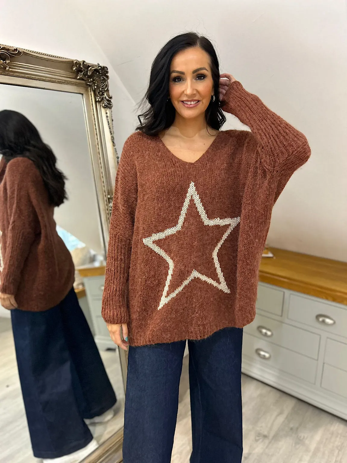 Chestnut V Neck Shimmer Star Knit Fiona