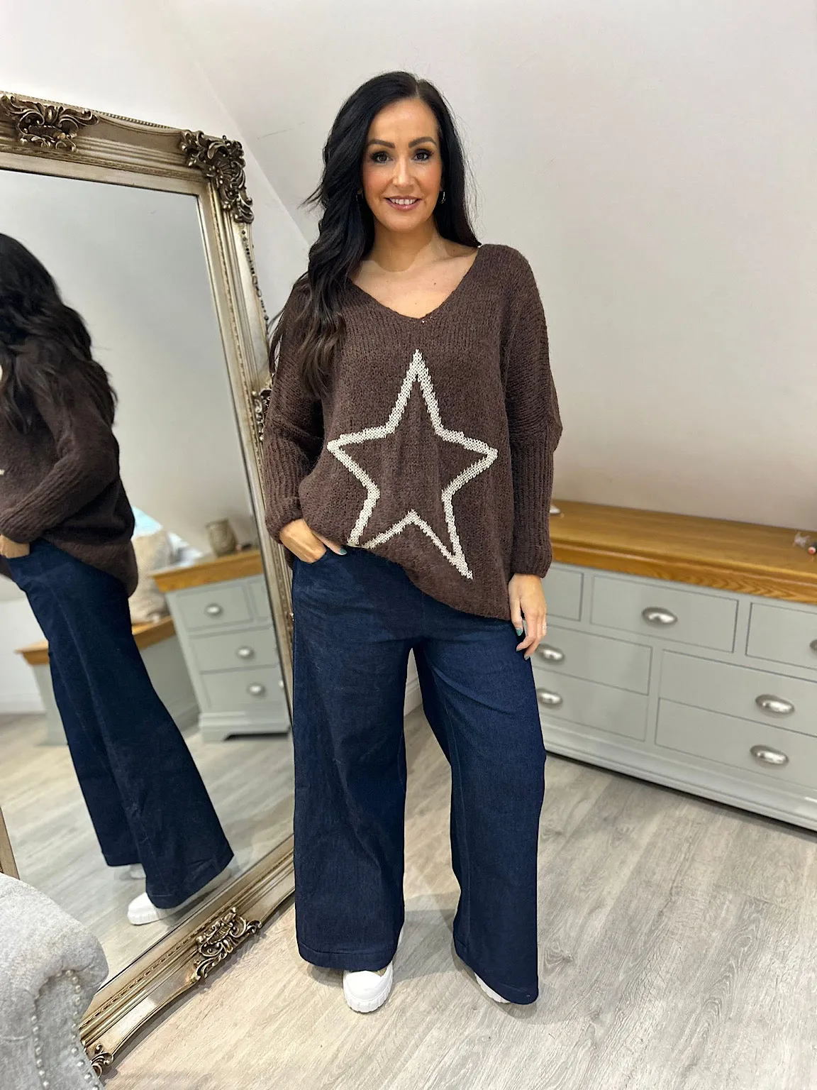 Chocolate V Neck Shimmer Star Knit Fiona