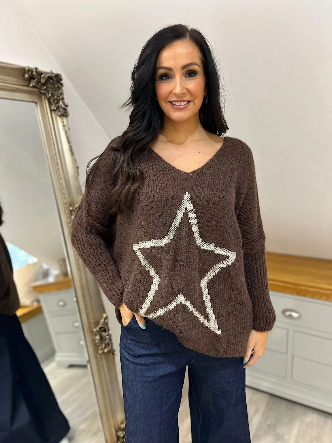 Chocolate V Neck Shimmer Star Knit Fiona