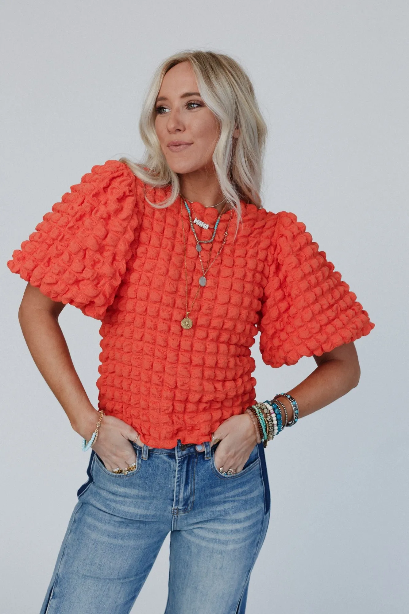 Cloud Nine Bubble Sleeve Top - Orange