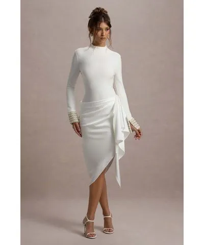 Club L London - USA Luanna | Ecru Satin Long-Sleeve Midi Dress With Draped Skirt