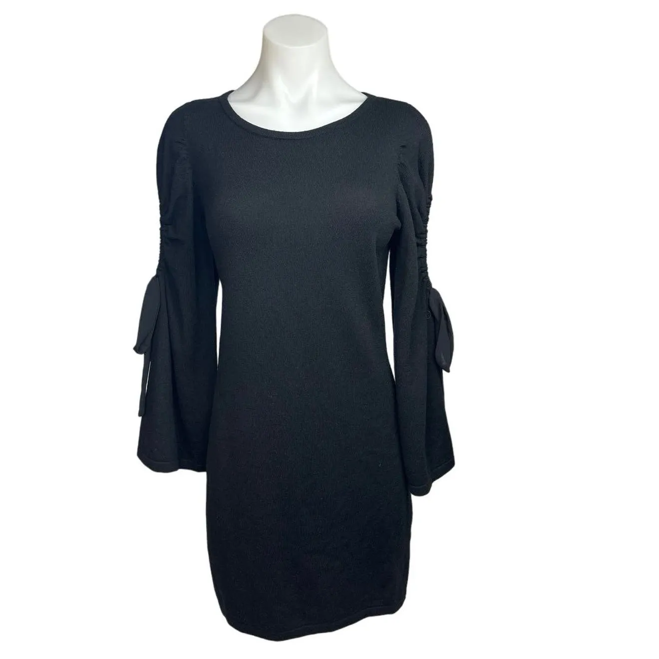 Club Monaco Black Wool Knit Bodycon Ribbon Cutout Long Sleeves Sweater Dress M