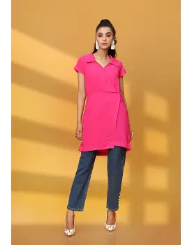 Collar Neck Long Top in Hot Pink