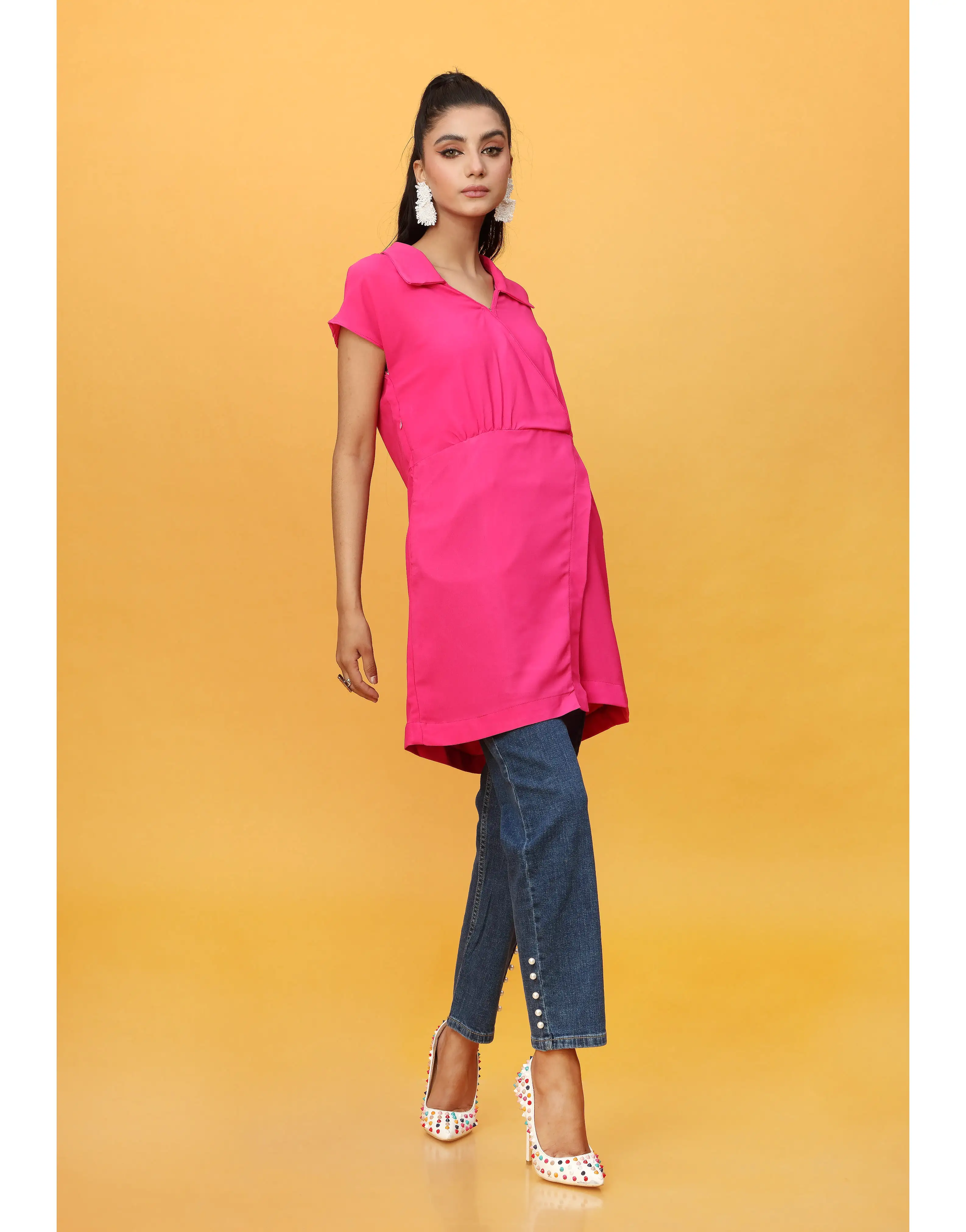 Collar Neck Long Top in Hot Pink