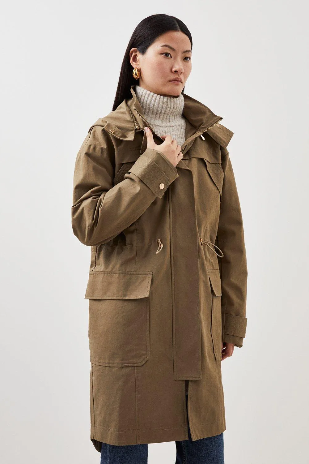 Cotton Longline Hooded Parka Coat | Karen Millen