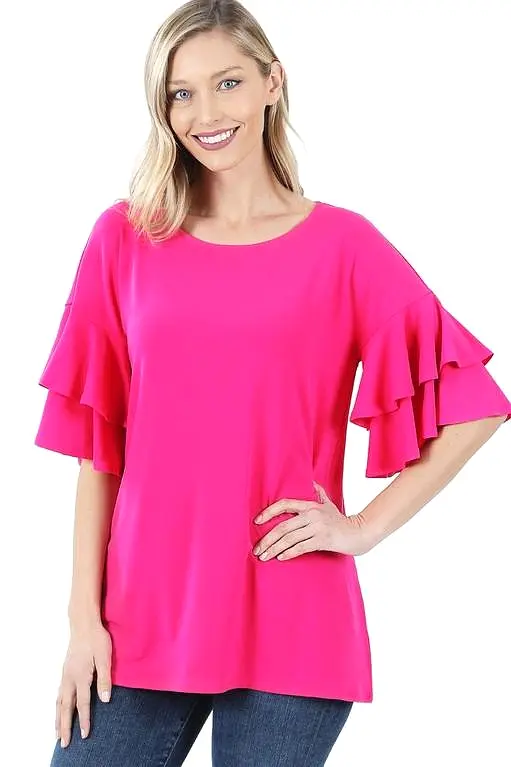 Double Ruffle Top in Hot Pink