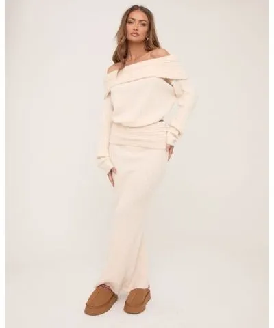 EGO Bardot Jumper And Low Rise Maxi Skirt Co-Ord Set In Cream Knit