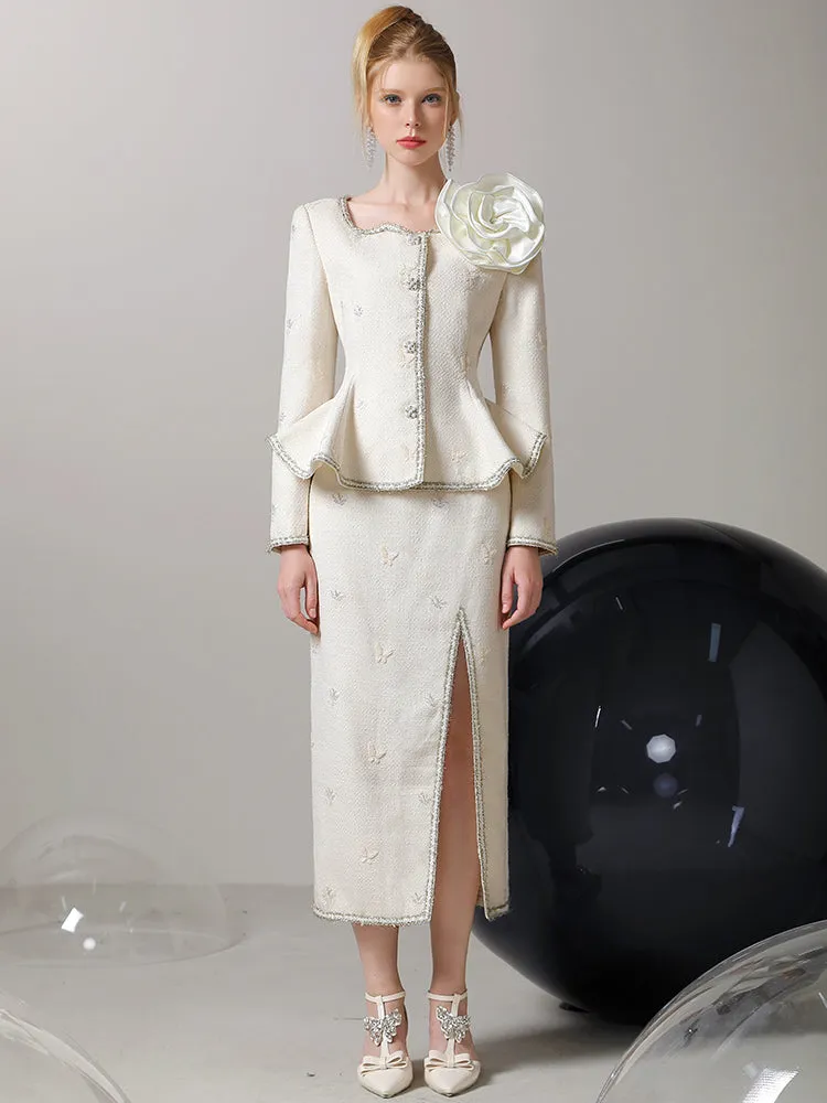 Elegant Peplum Bijou Flower-Motif Suit Jacket＆Long-Skirt