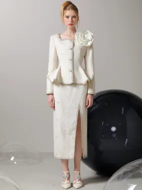 Elegant Peplum Bijou Flower-Motif Suit Jacket＆Long-Skirt