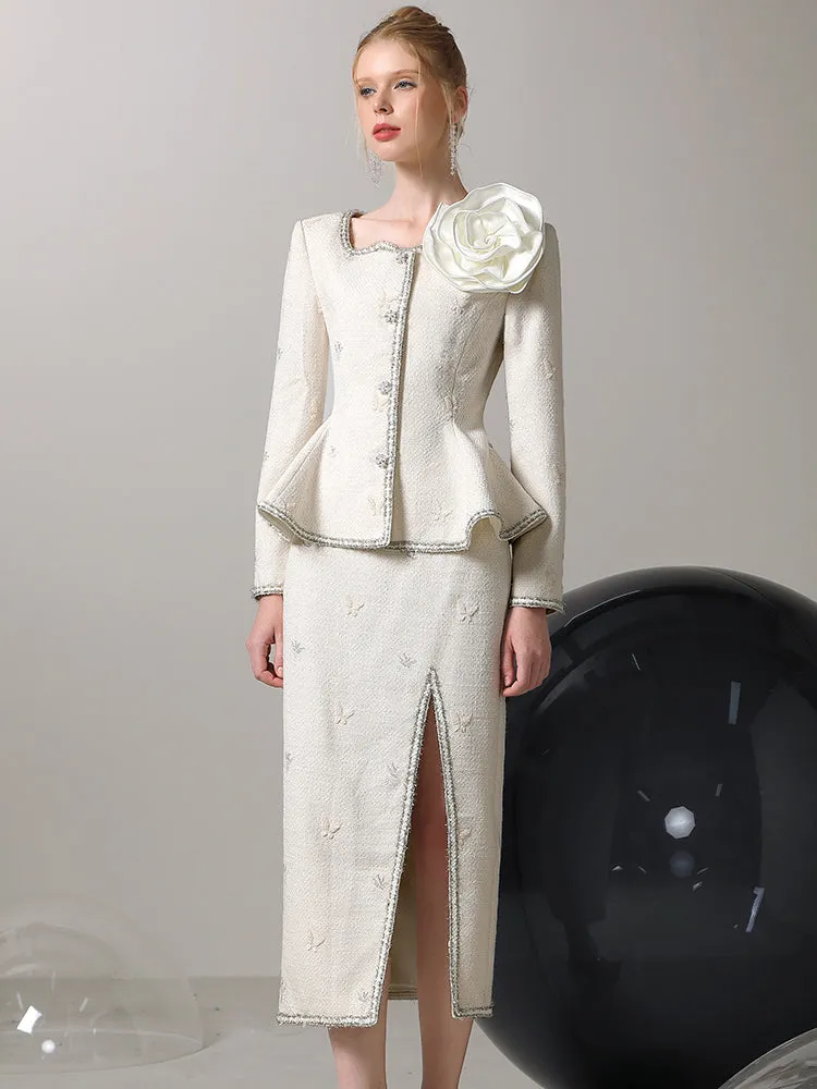 Elegant Peplum Bijou Flower-Motif Suit Jacket＆Long-Skirt