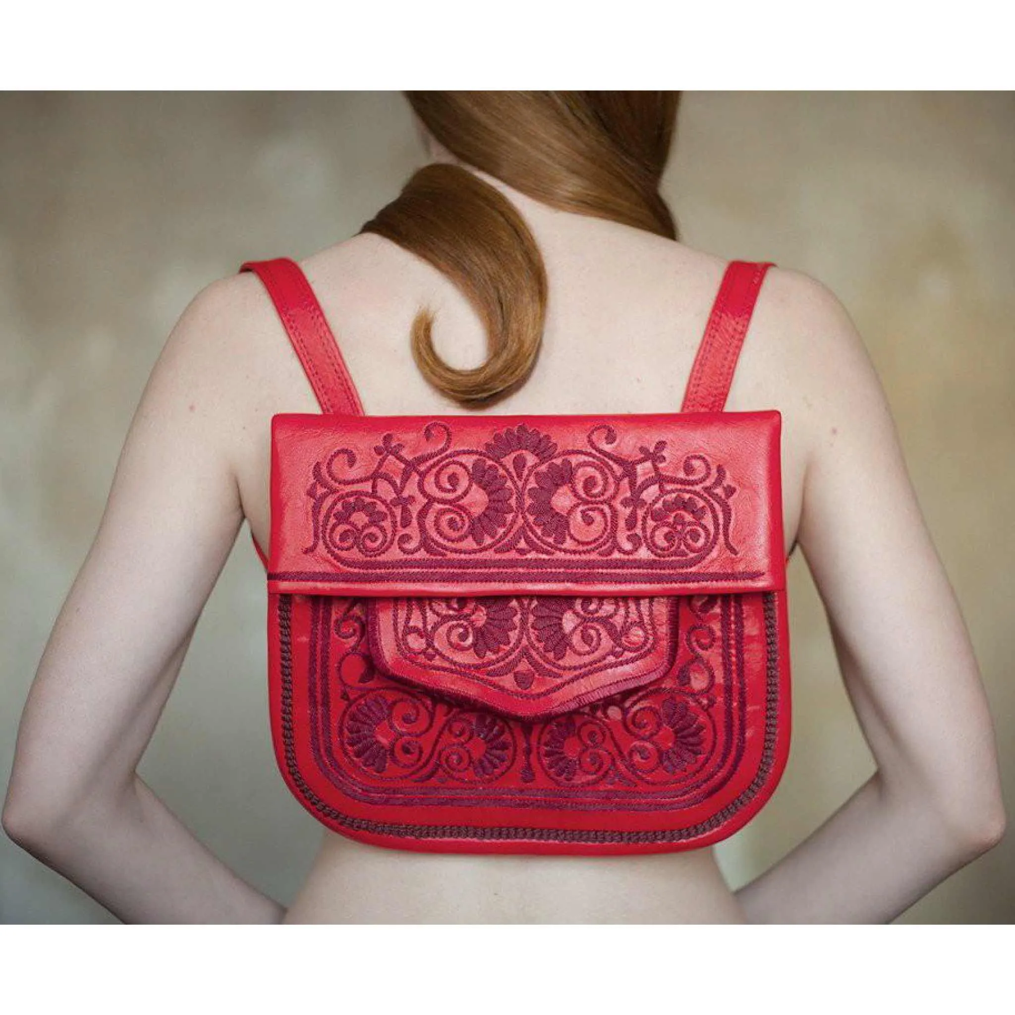 Embroidered Leather Berber Bag in Red