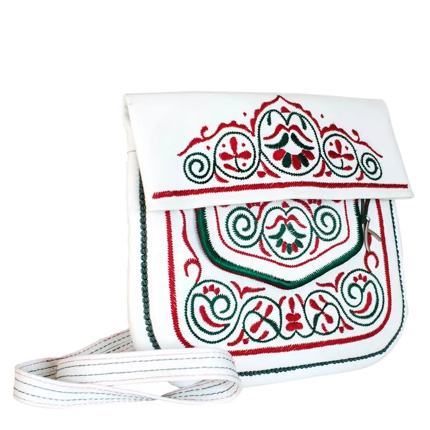 Embroidered Leather Berber Bag in White, Red, Green