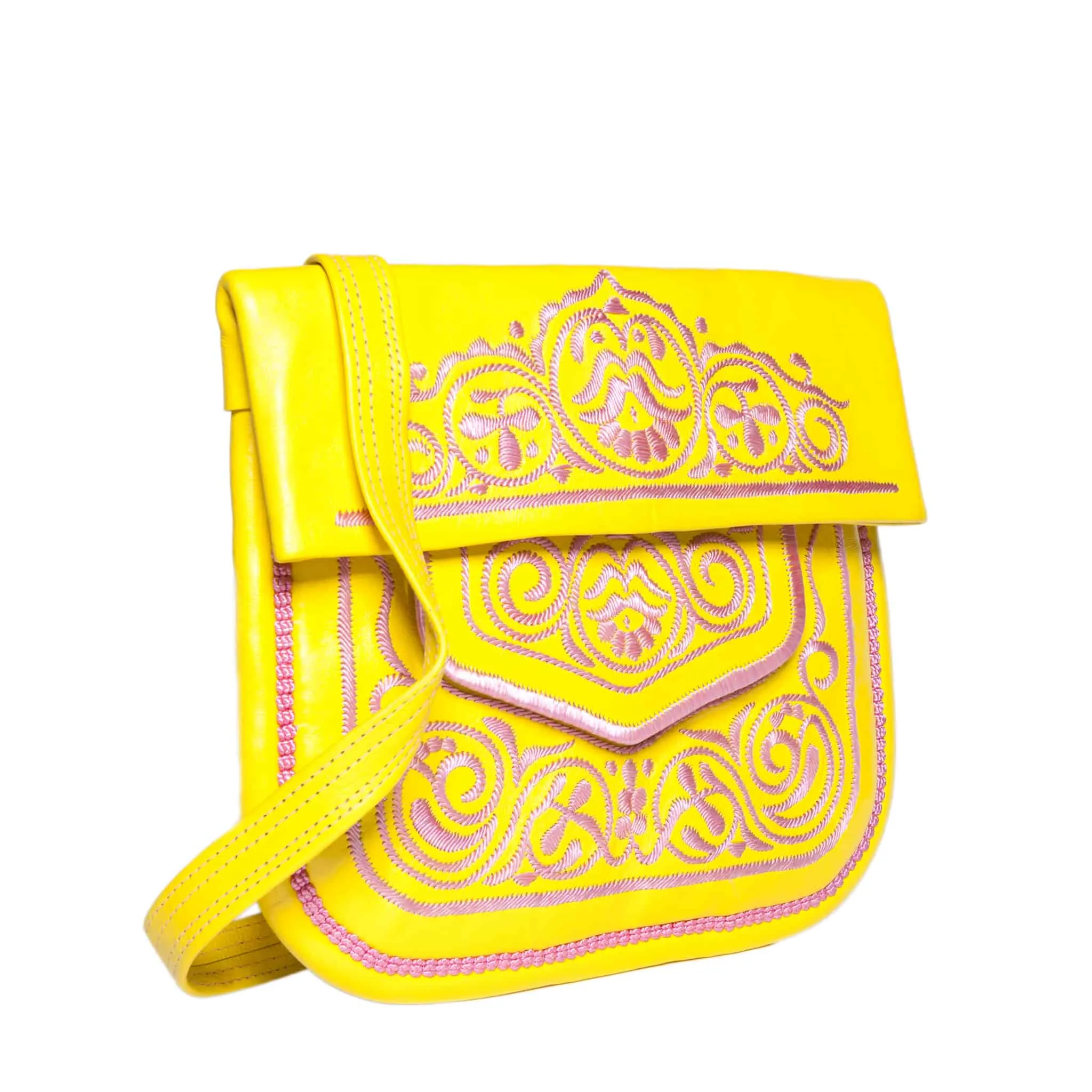 Embroidered Leather Berber Bag in Yellow, Rosé