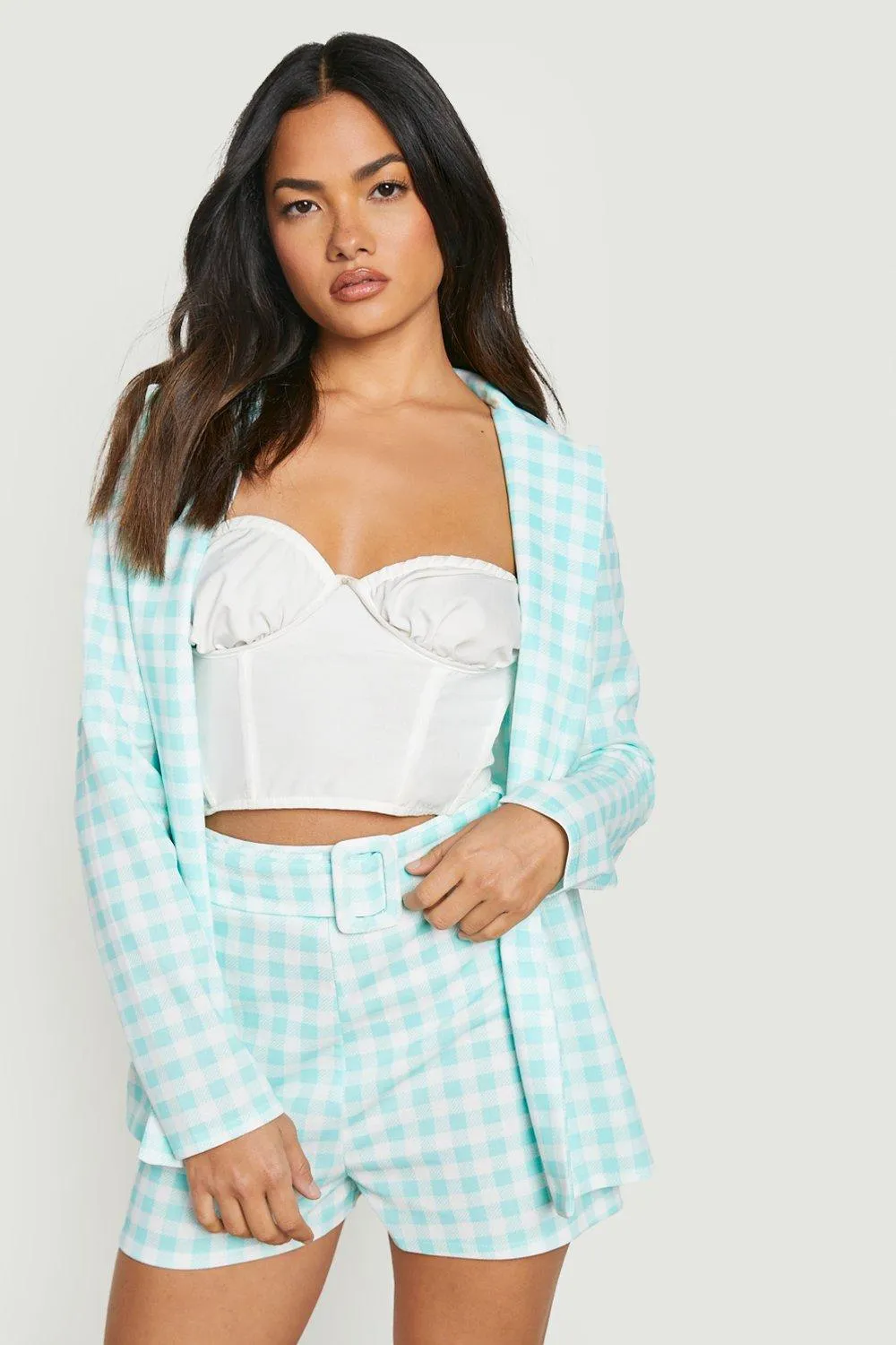 Gingham Blazer & Self Fabric Short Suit Set